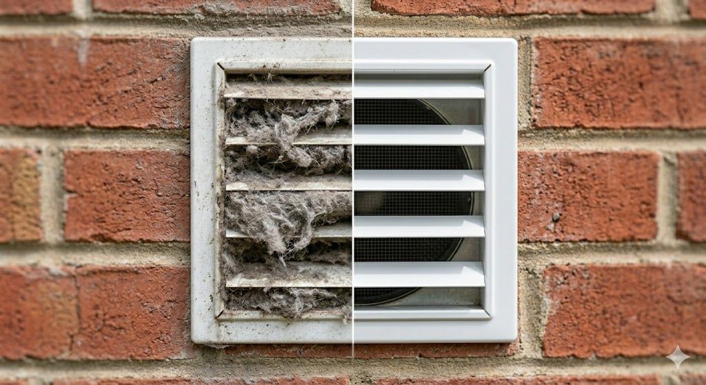 Ventilation vent: half cleaned, half dirty with dust and debris, set in red brick wall.