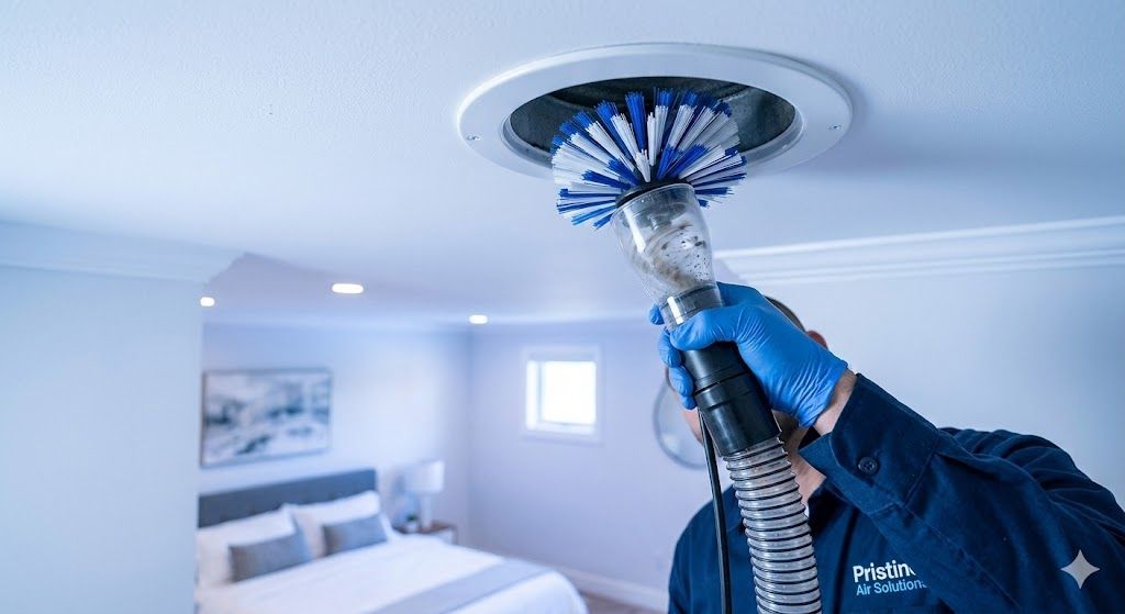 Person cleaning a ceiling vent with a brush and vacuum in a bedroom.