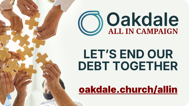 Hands assembling puzzle pieces; Oakdale All In Campaign logo and text: