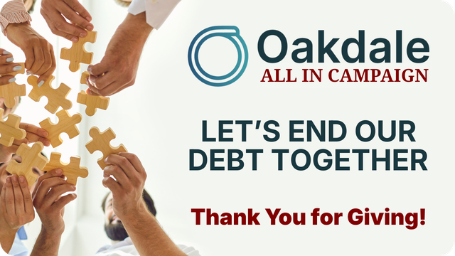 Hands assembling puzzle pieces, Oakdale All In Campaign logo, text 