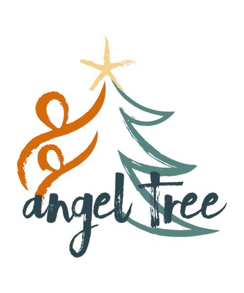Angel Tree logo with orange figures, teal tree, and script font.