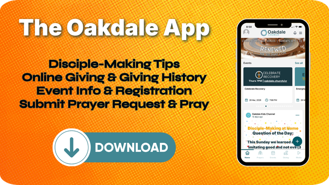 Promotional graphic for The Oakdale App featuring features list, a download button, and a phone displaying the app interface.