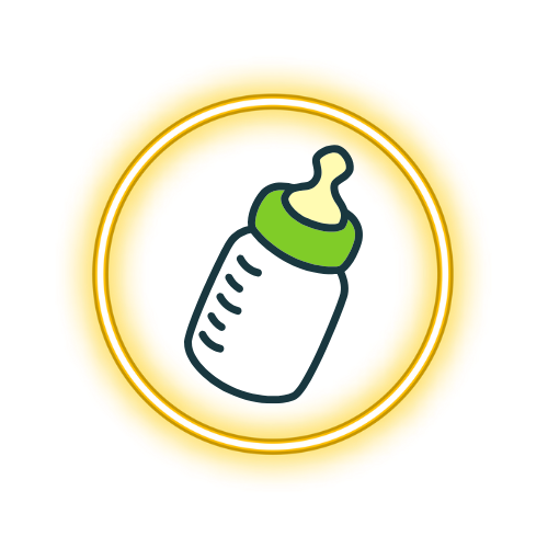 A baby bottle with a green cap is in a circle.