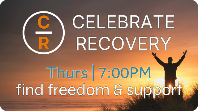 Flyer for Celebrate Recovery special grief talk. Woman with hands on face, text, and website.
