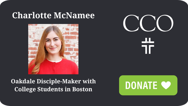 Charlotte McNamee profile card with headshot, CCO logo, and green “DONATE” button; Oakdale disciple-maker in Boston