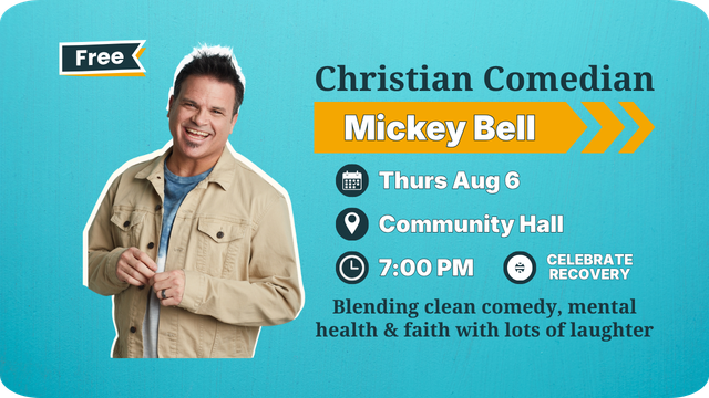 Christian comedian Mickey Bell event poster on teal background with date, time, venue, and free admission badge