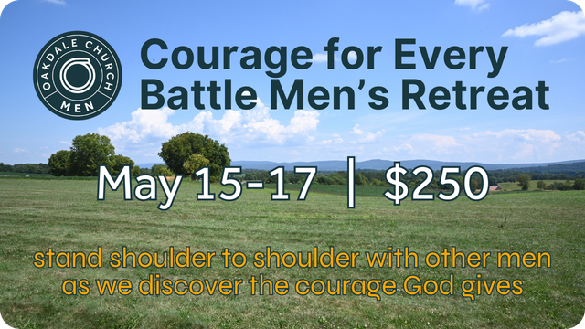 Men's retreat advertisement.  Green field, blue sky.  Text: 