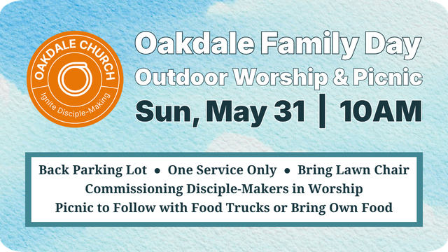 Oakdale Family Day church picnic flyer with orange logo, date, time, and worship details