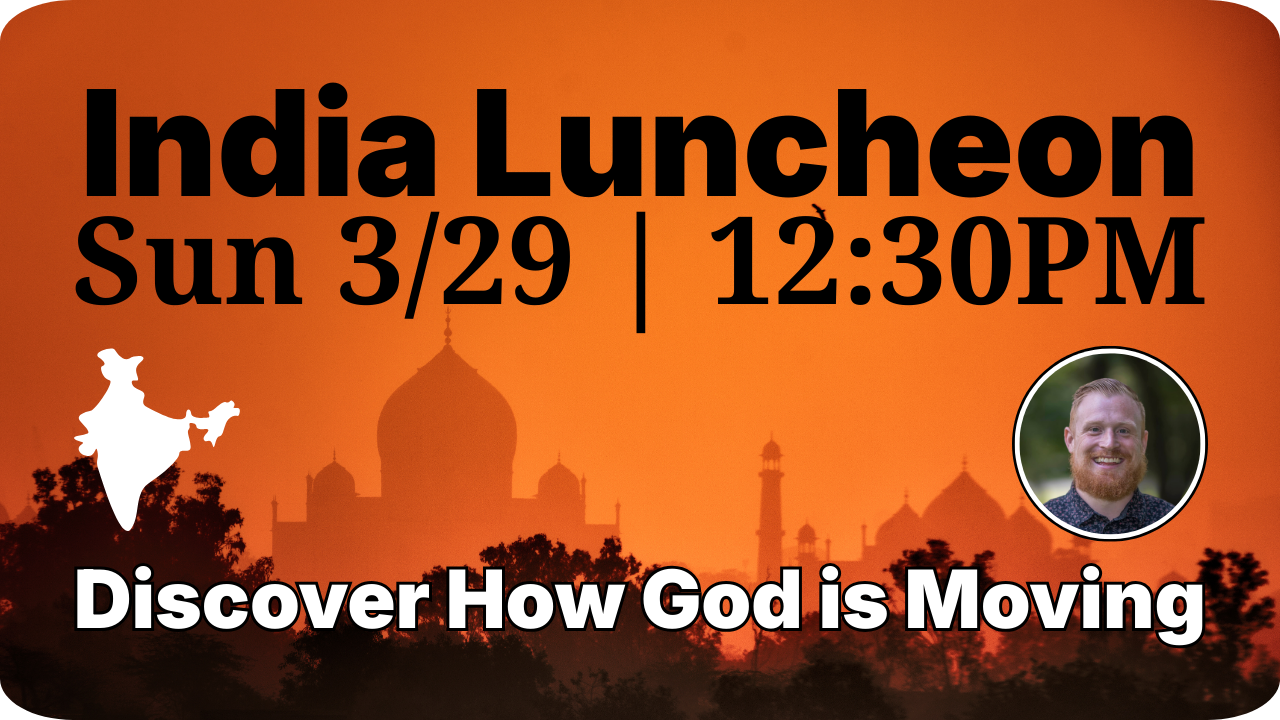 Event graphic for an India Luncheon on Sunday, 3/29 at 12:30 PM with the theme