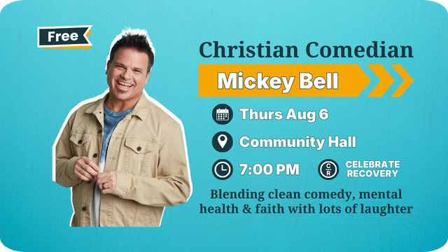 Christian comedian Mickey Bell event poster on teal background with date, time, venue, and free admission badge