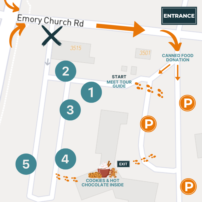 Map of a building with numbered stops for a tour, a canned food donation area, and cookies/hot chocolate inside.