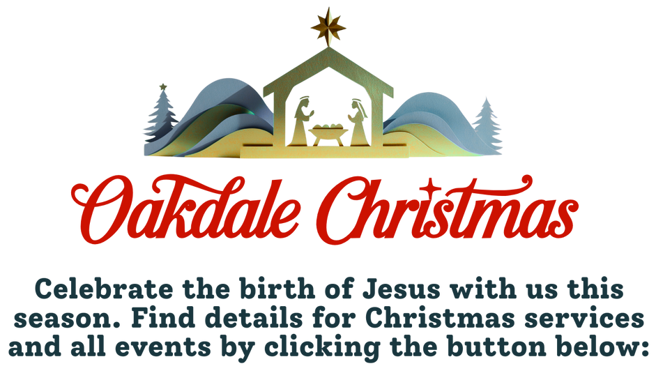 Oakdale Christmas event announcement. Nativity scene graphic above text inviting people to celebrate Jesus' birth.