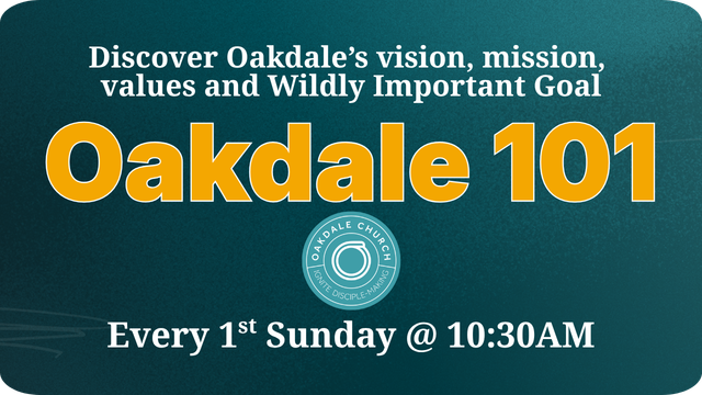 Oakdale 101 event flyer with teal background and gold title, every 1st Sunday at 10:30AM