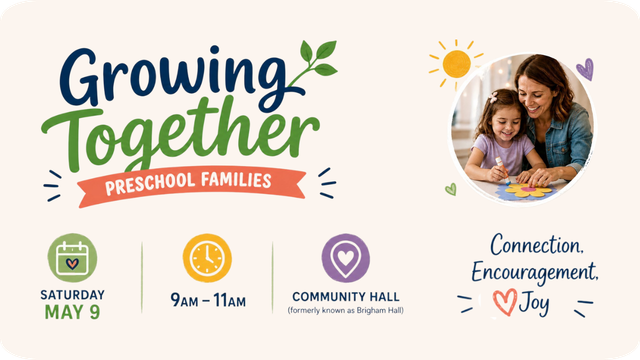 Growing Together preschool families event flyer with date, time, location, and smiling family photo