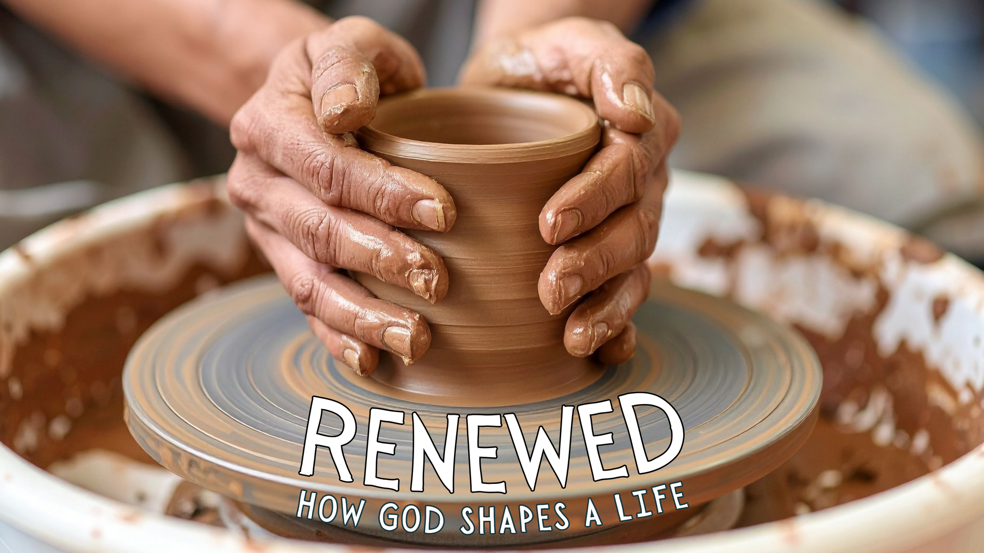 Image of potter at the wheel with clay and words: