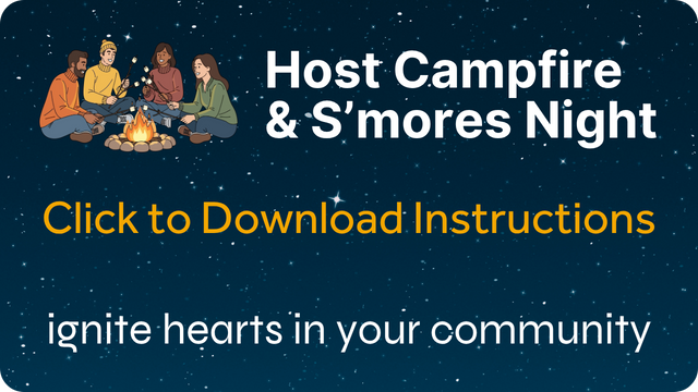 People around a campfire with text: