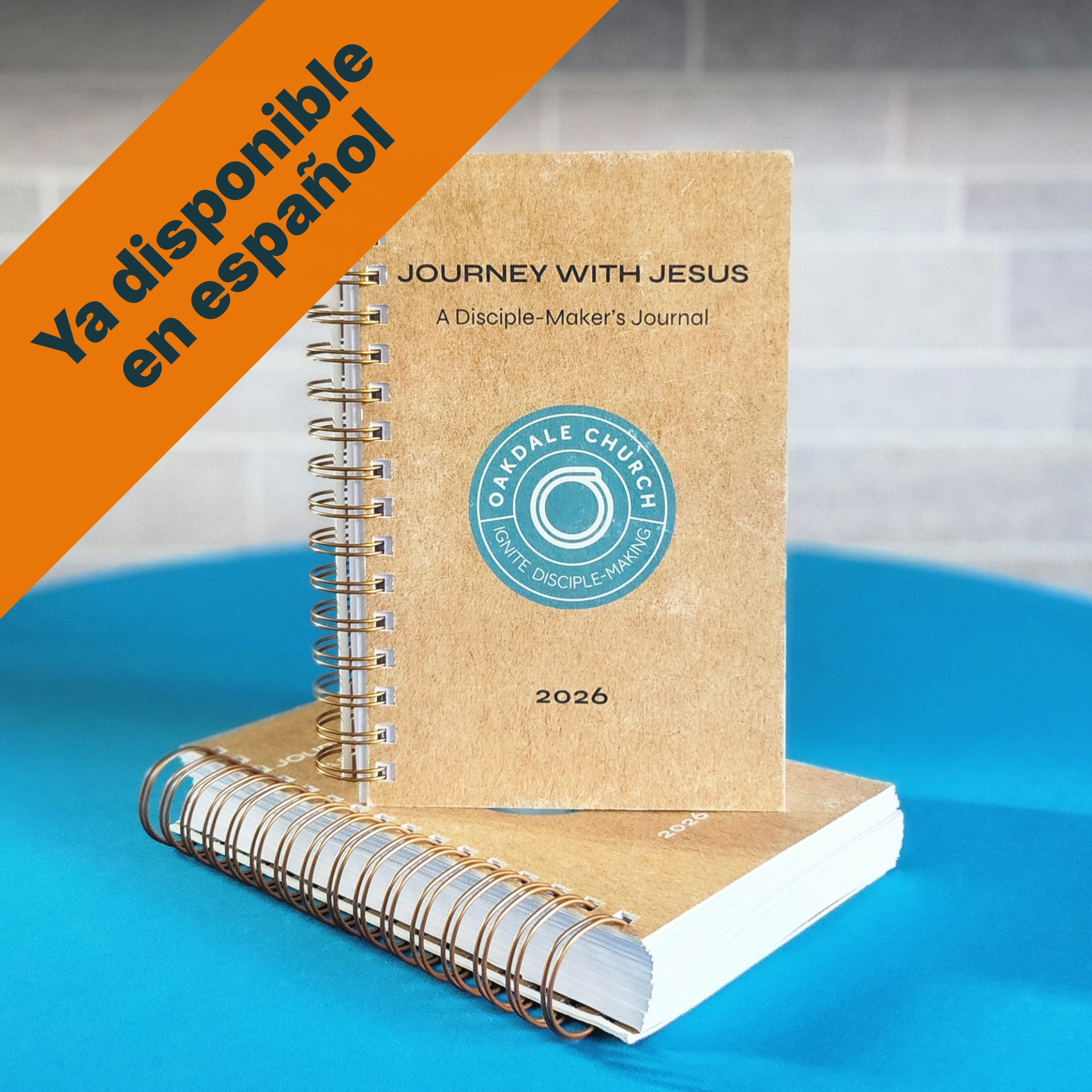 Two spiral-bound journals on a blue surface. One journal is standing upright, showing its cover: 