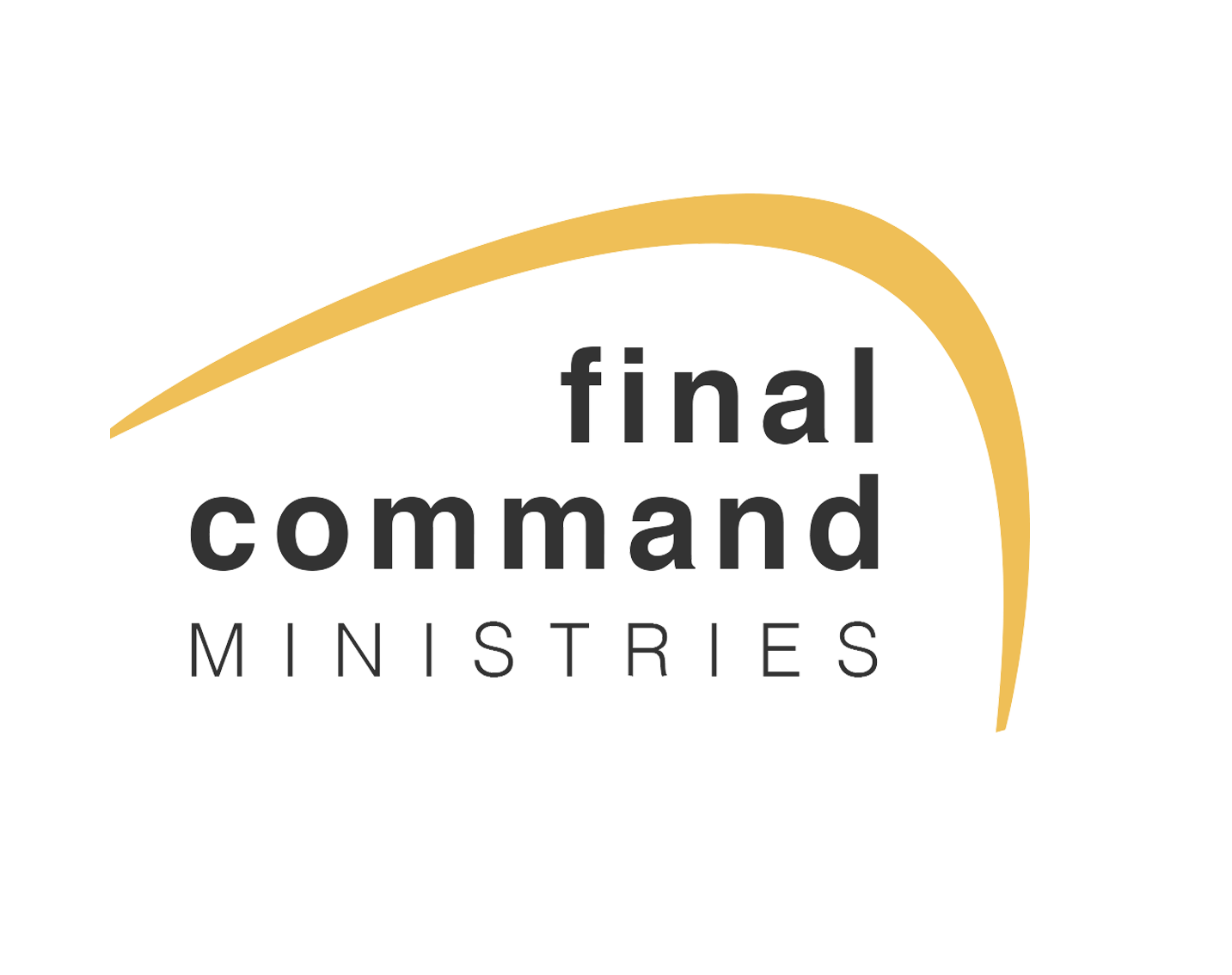 A logo for final command ministries with a yellow curve on a white background.