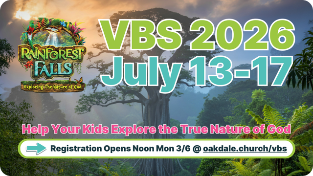 Rainforest Falls VBS 2026 runs July 13-17. Registration opens at noon on Monday, 4/9, to explore the nature of God.