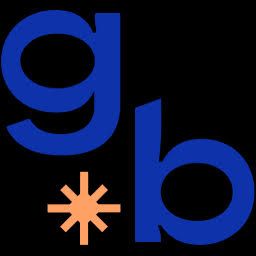 A blue g and b logo with an orange star on a black background.