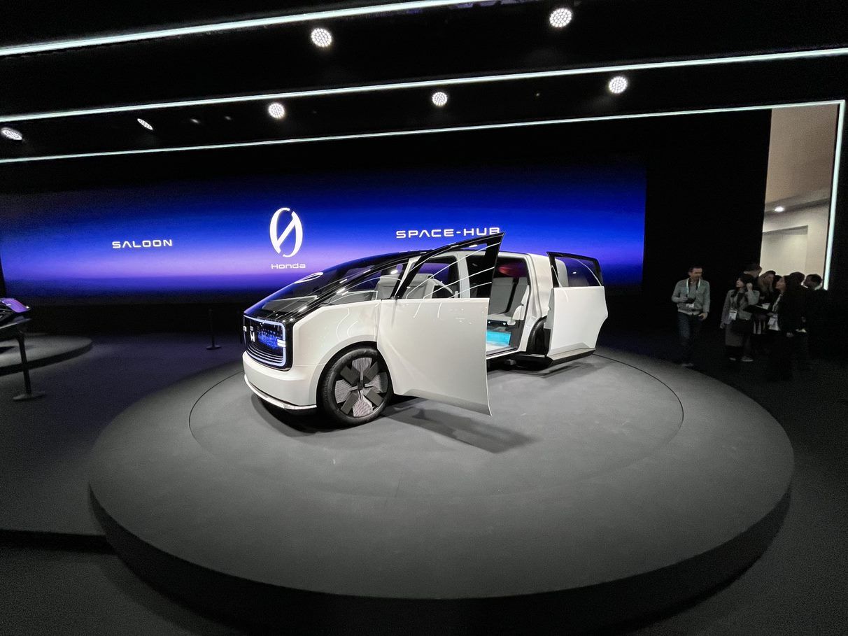 Honda's 2024 EV / Zero Emission prototype vehicle lineup at CES 2024 in Las Vegas, Nevada. Honda's electric concept cars rotate atop Smartstage revolving turntable stages / platforms / displays.
