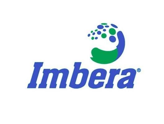 Un logotipo azul y verde para imbera sobre un fondo blanco.