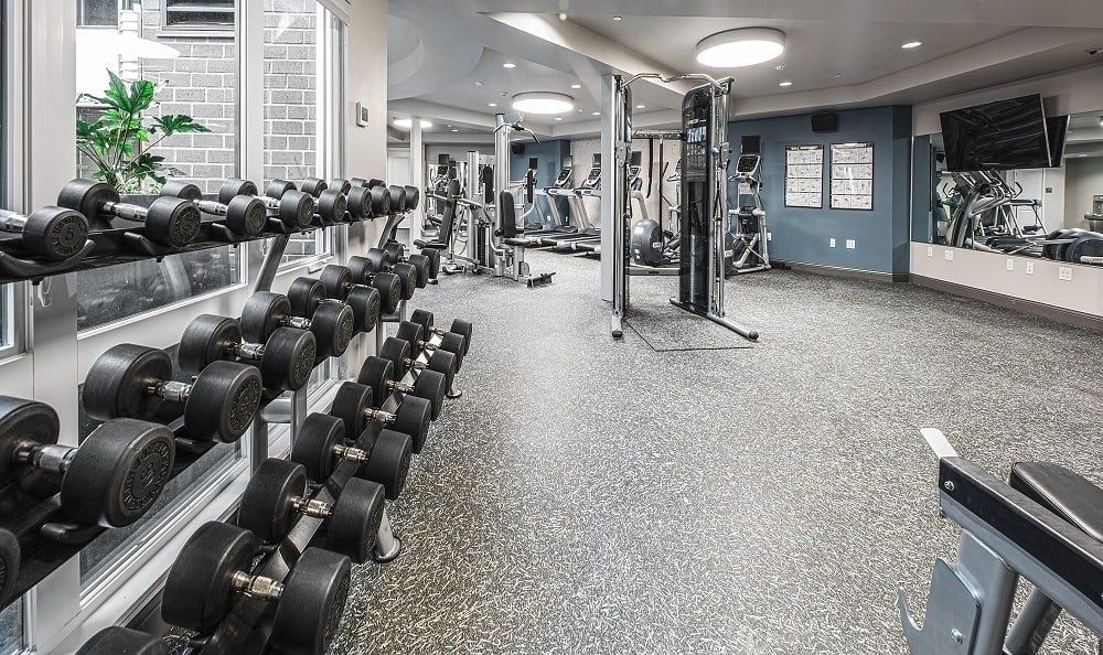 Gym interior with dumbbell racks, weight machines, and a rubberized floor.