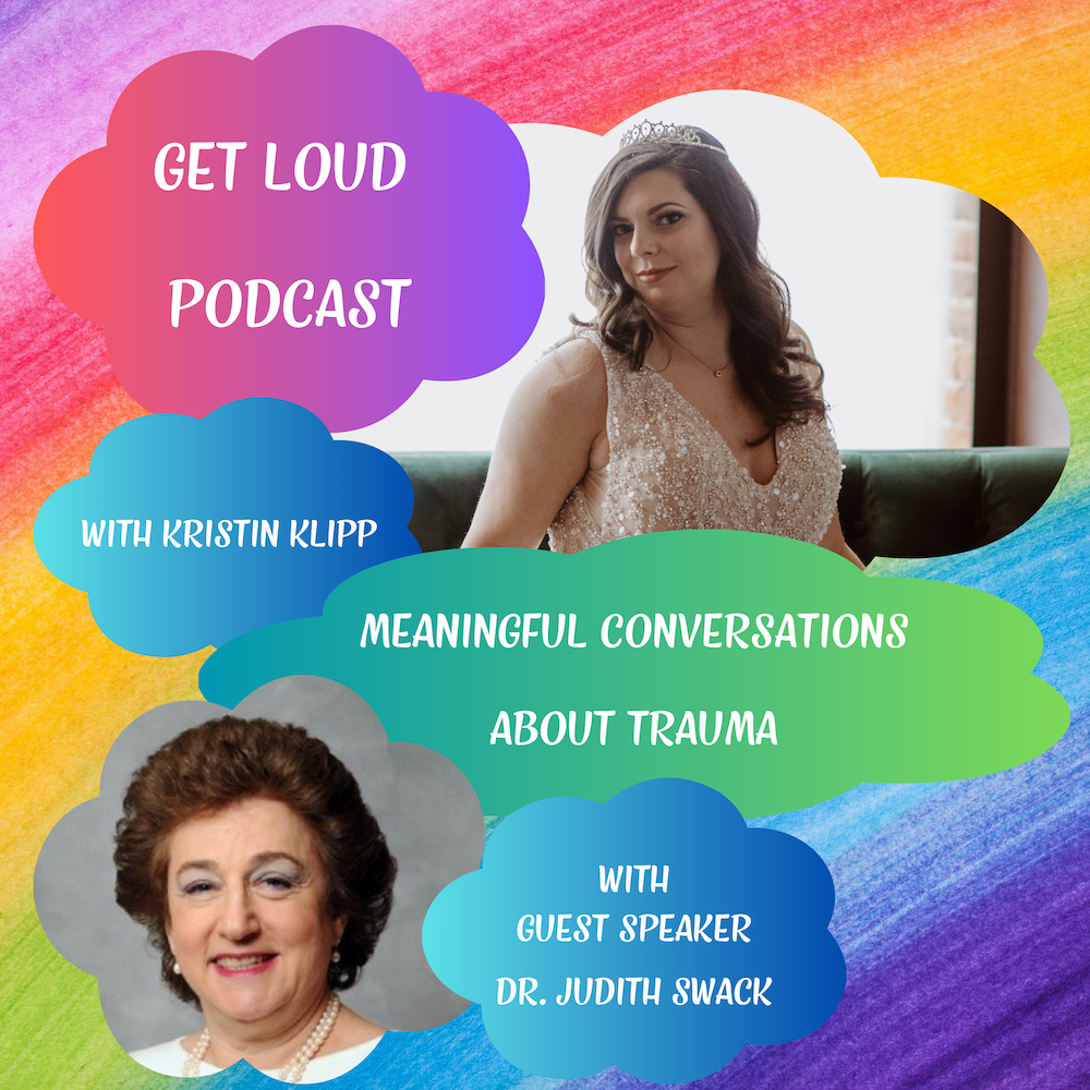 Get Loud Podcast promo with two women, rainbow background, and text about meaningful conversations on trauma