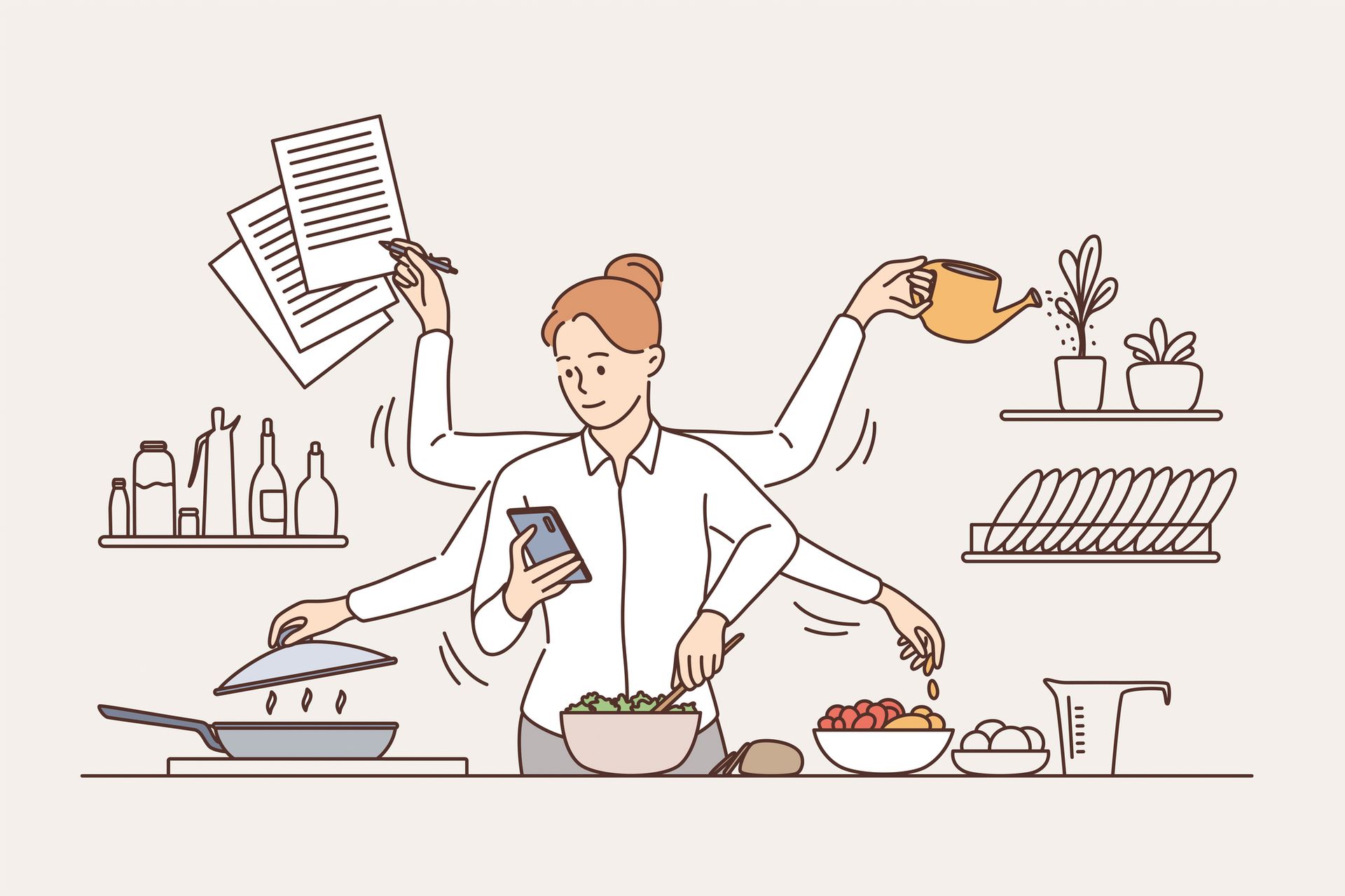 A vector graphic of a woman with 4 arms multi-tasking. Cooking, signing papers, and watering plants