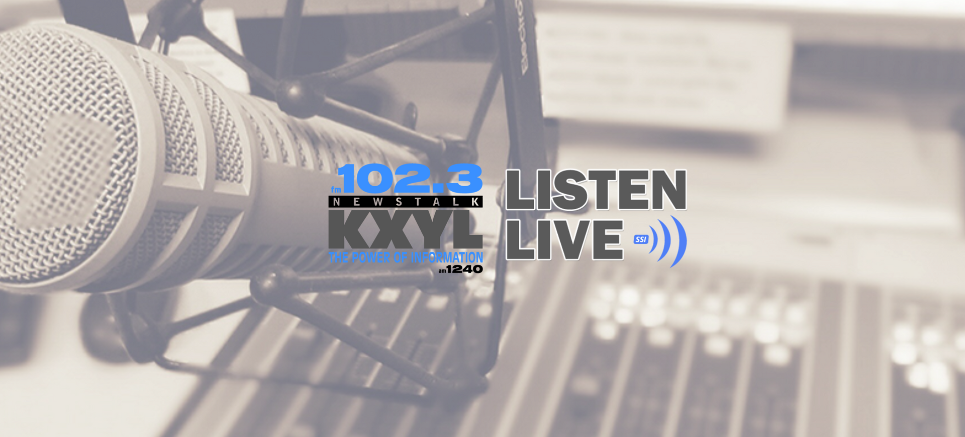 Radio station promo with microphone, soundboard, and “Listen Live” text overlay