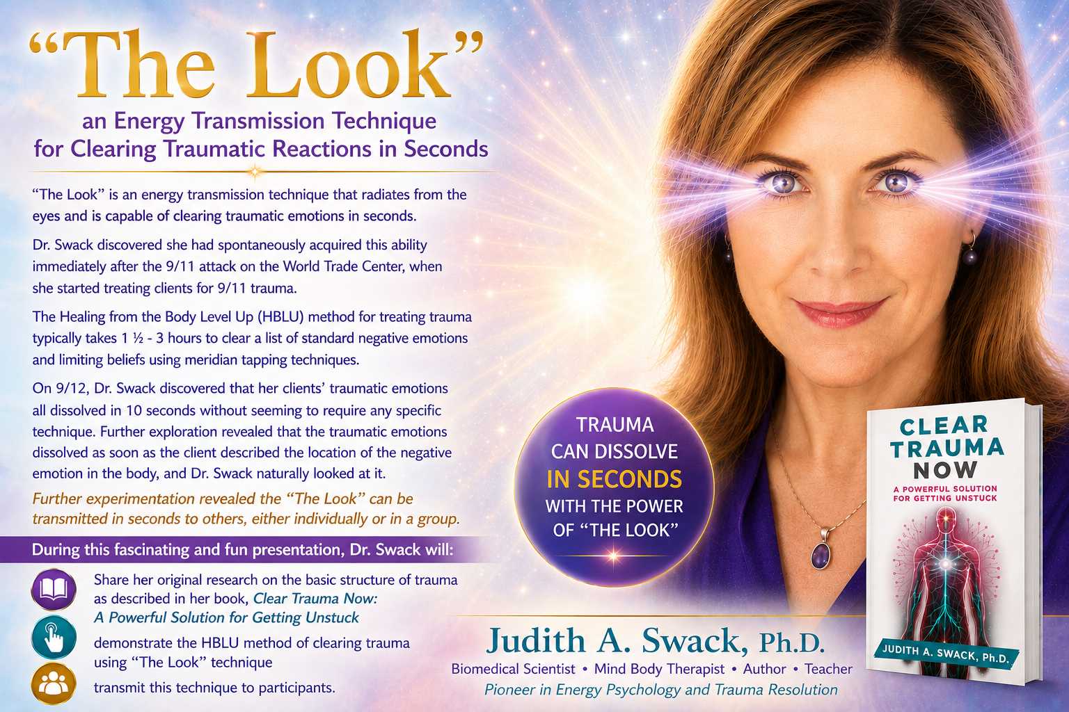 &ldquo;The Look&rdquo; is an energy transmission technique that radiates from the eyes and is capable of clearing traumatic emotions in seconds. Dr. Swack discovered she had spontaneously acquired this ability immediately after the 9/11 attack on the World Trade Center, when she started treating clients for 9/11 trauma. The Healing from the Body Level Up (HBLU) method for treating trauma typically takes 1 &frac12; - 3 hours to clear a list of standard negative emotions and limiting beliefs using meridian tapping techniques. On 9/12, Dr. Swack discovered that her clients&rsquo; traumatic emotions all dissolved in 10 seconds without seeming to require any specific technique. 