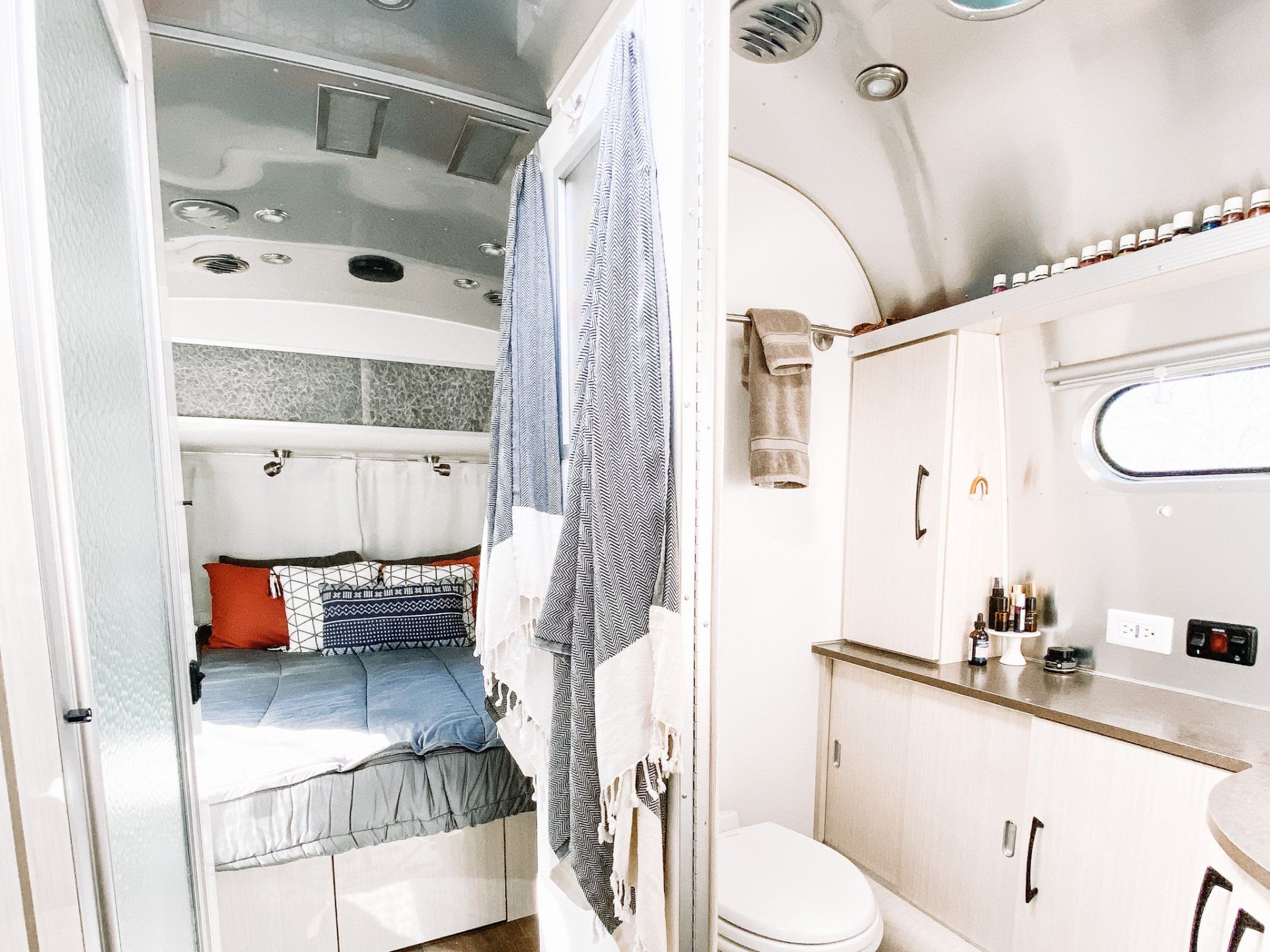 View of Airstream Bathroom with Turkish Towels hanging up