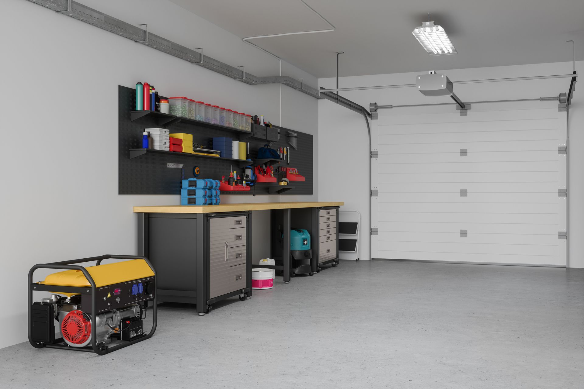 Garage interior with workbench, shelves of tools, generator, and closed white garage door. Garage interior with workbench, shelves of tools, generator, and closed white garage door.