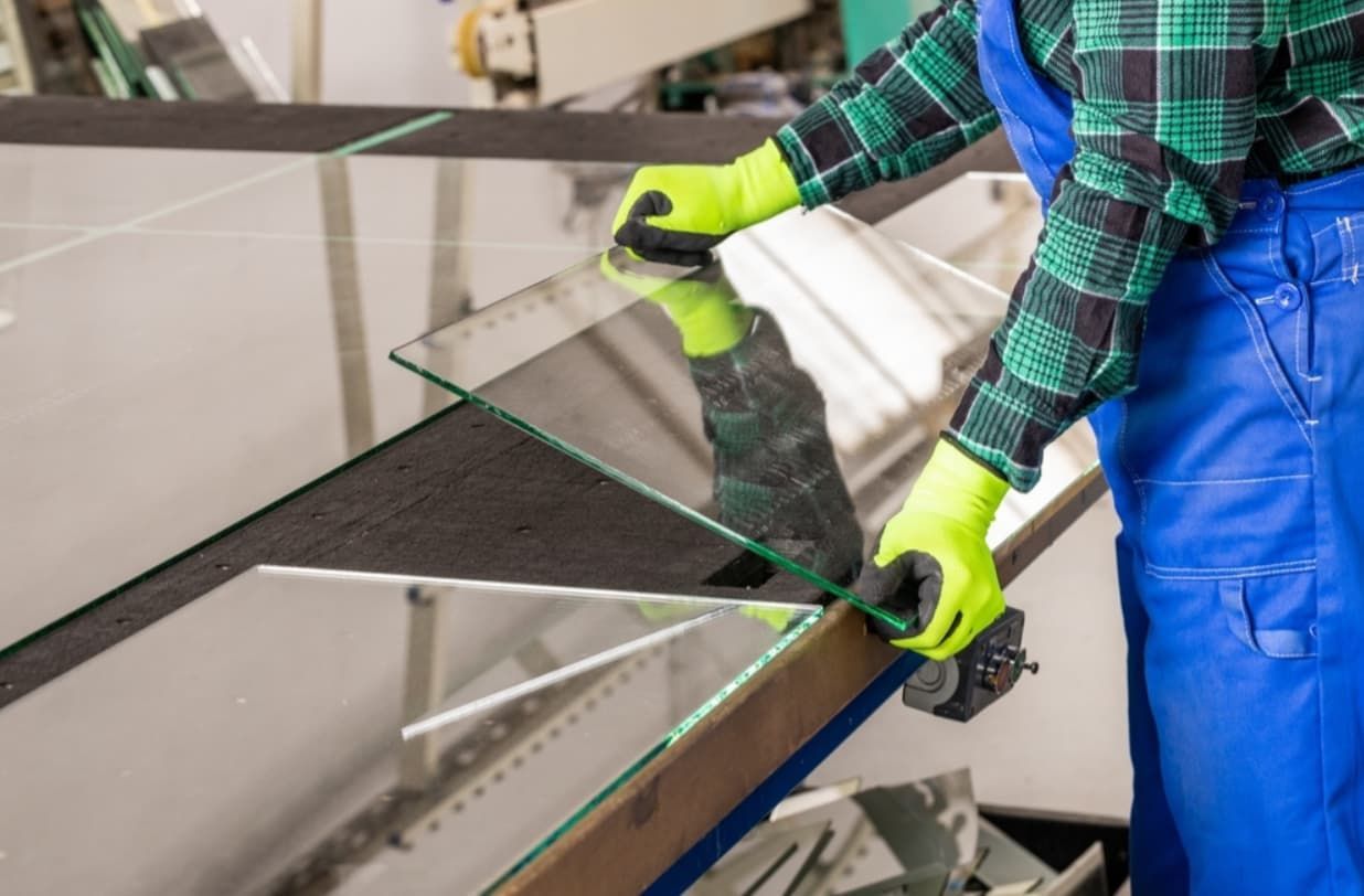 A Man Is Cutting A Piece Of Glass In A Factory — Northern Glazing Glass & Aluminium In Northern Beaches, QLD