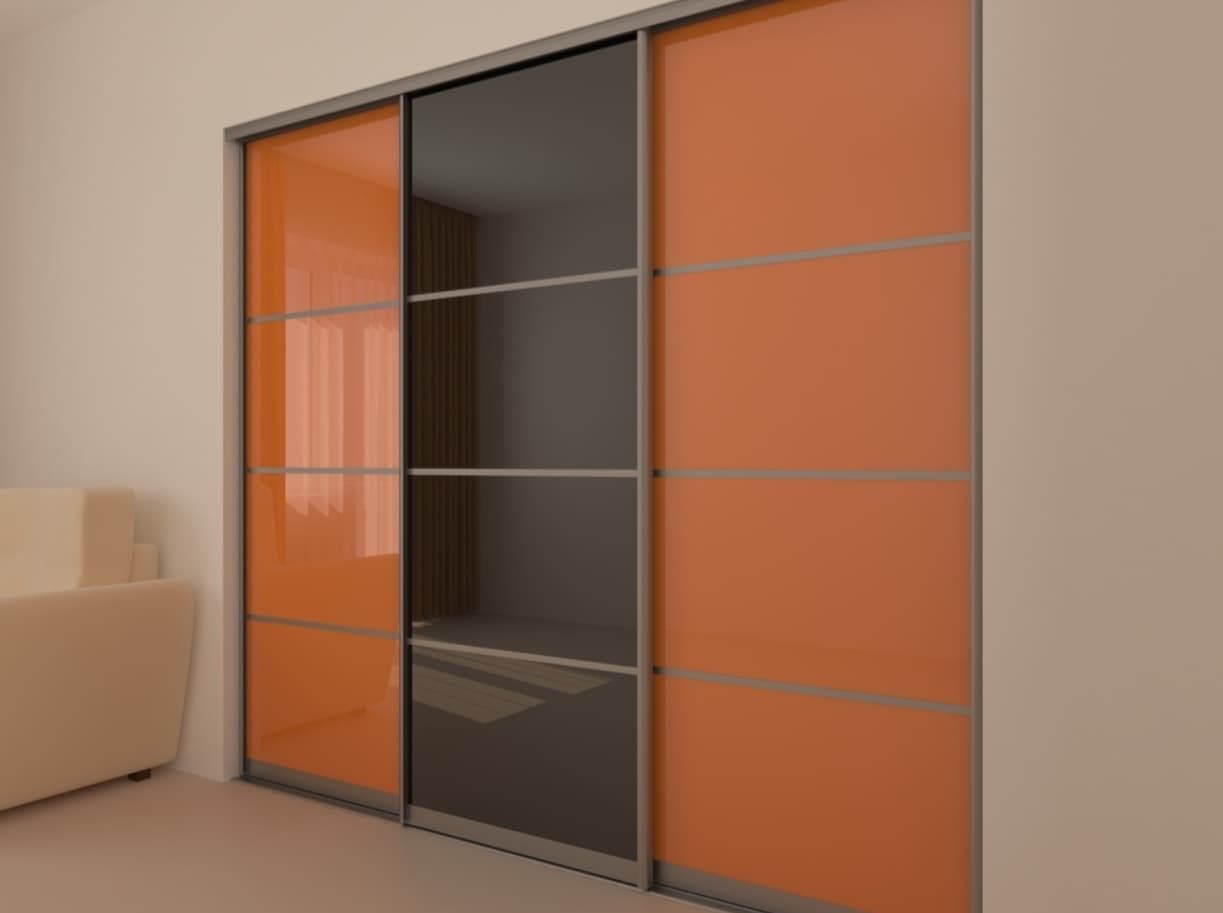 A Sliding Wardrobe With Orange And Black Doors In A Living Room — Northern Glazing Glass & Aluminium In Northern Beaches, QLD