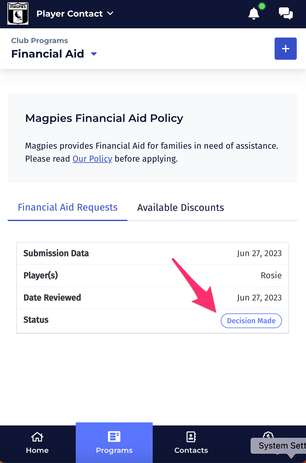 A screenshot of the megpies financial aid policy on a phone.