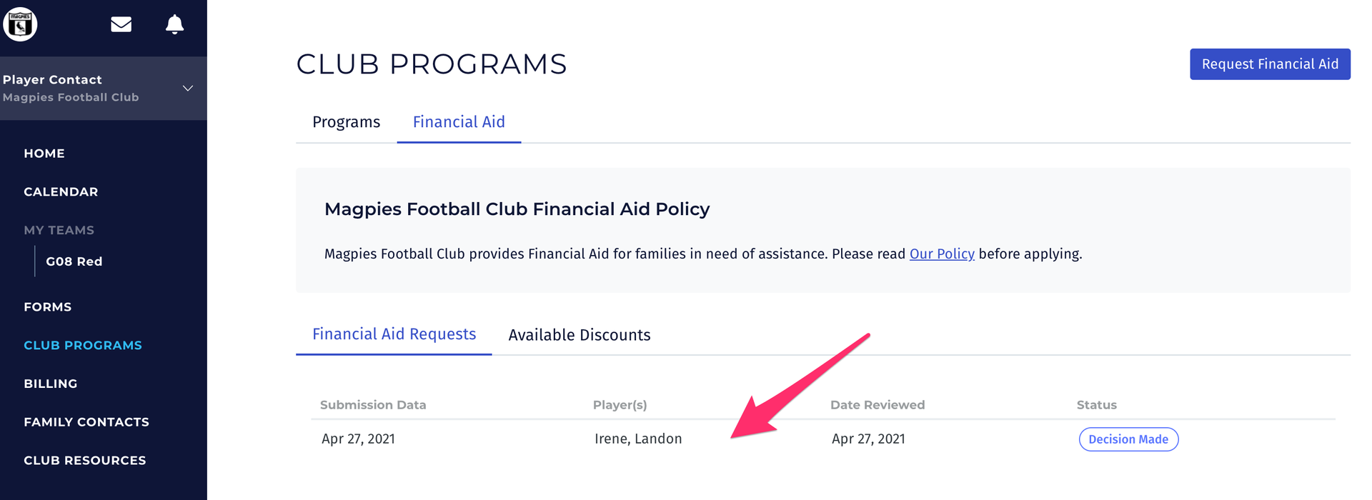 A screenshot of a website with a red arrow pointing to a club program.