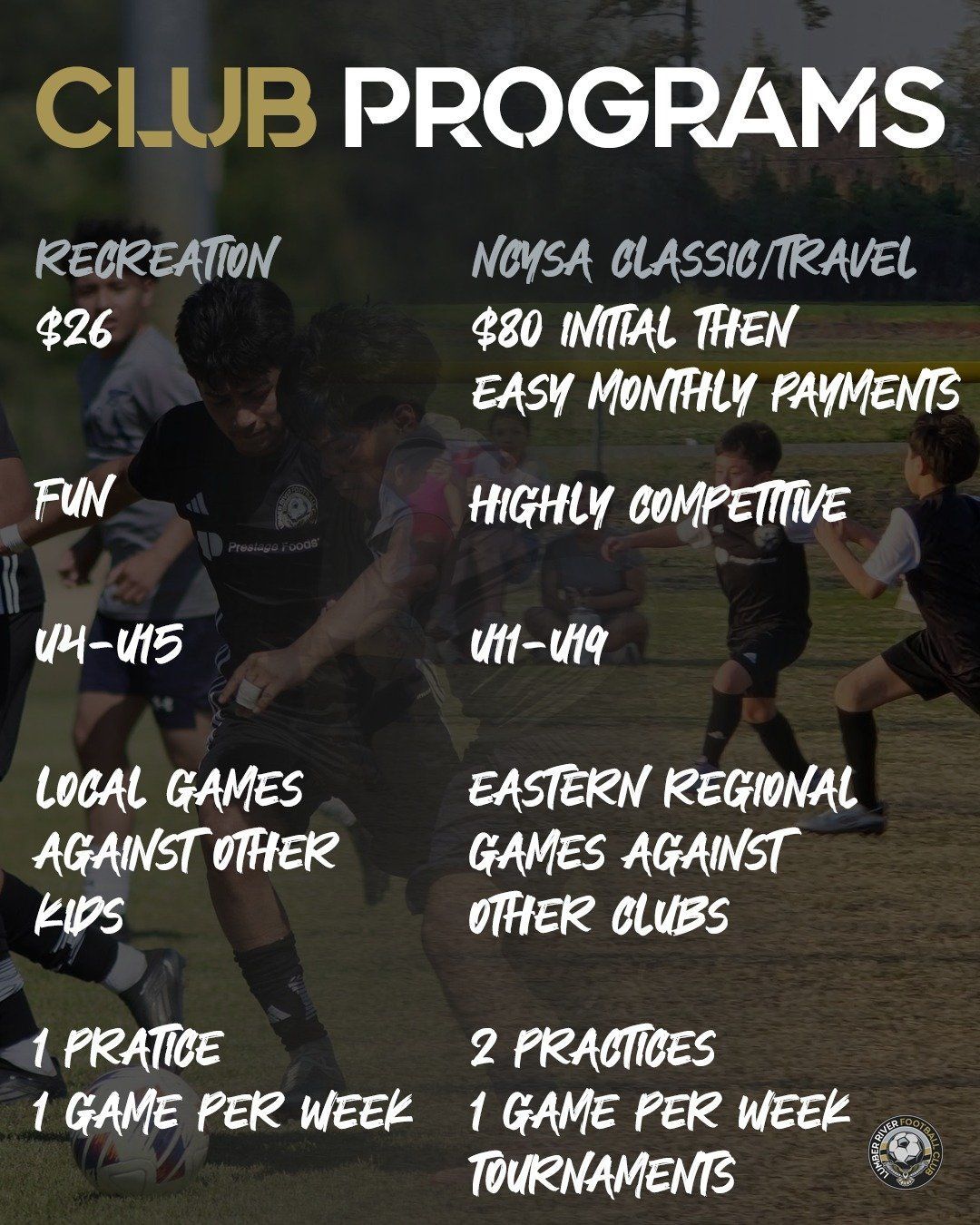 A flyer for club programs with soccer players on it