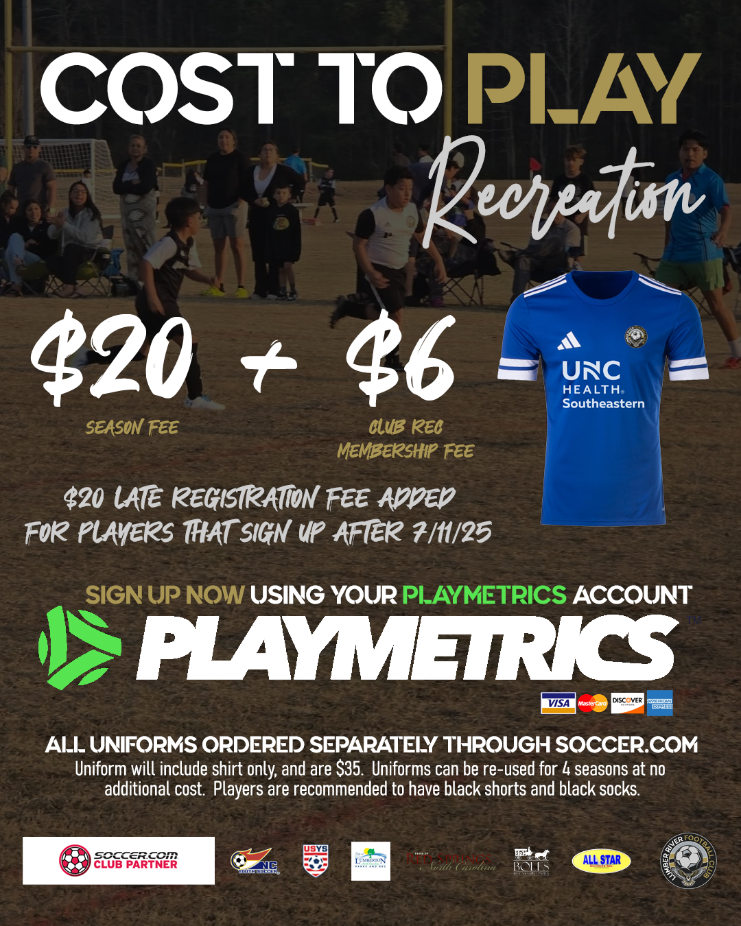 A poster for cost to play recreation with a blue soccer jersey