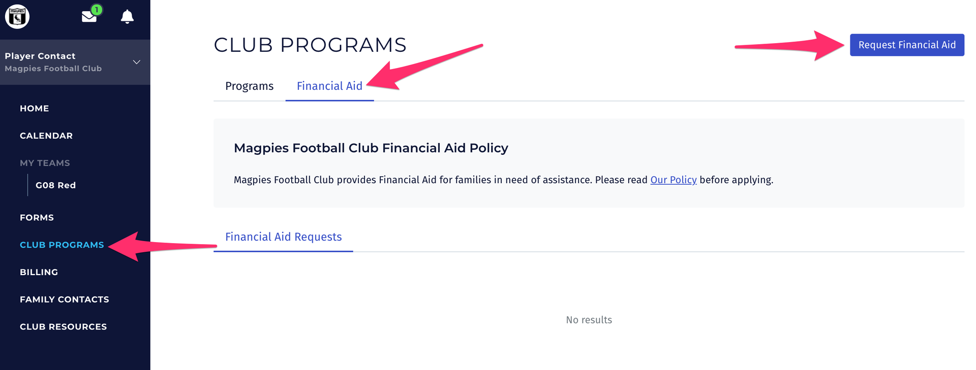 A screenshot of the club programs page on a website.