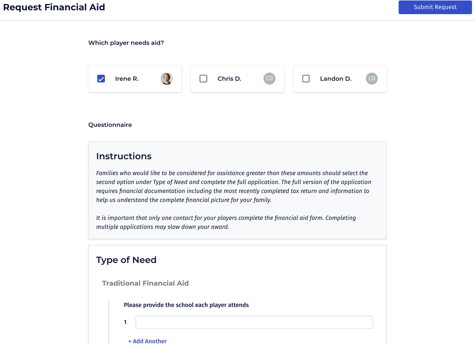 A screenshot of a website that says `` request financial aid ''.