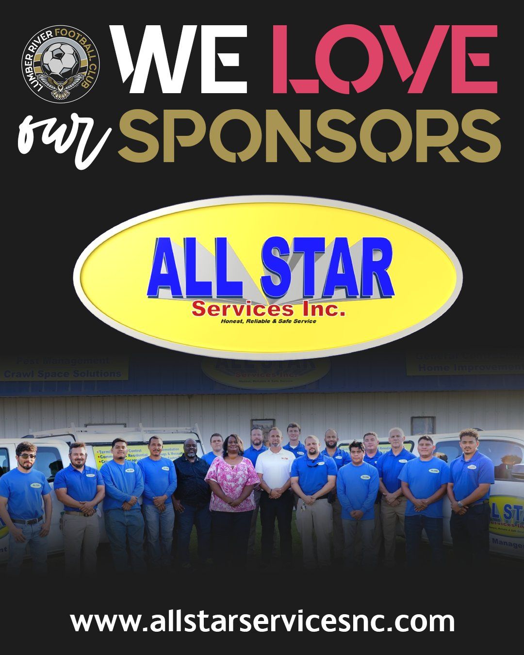 A group of people standing in front of a sign that says all star services inc.