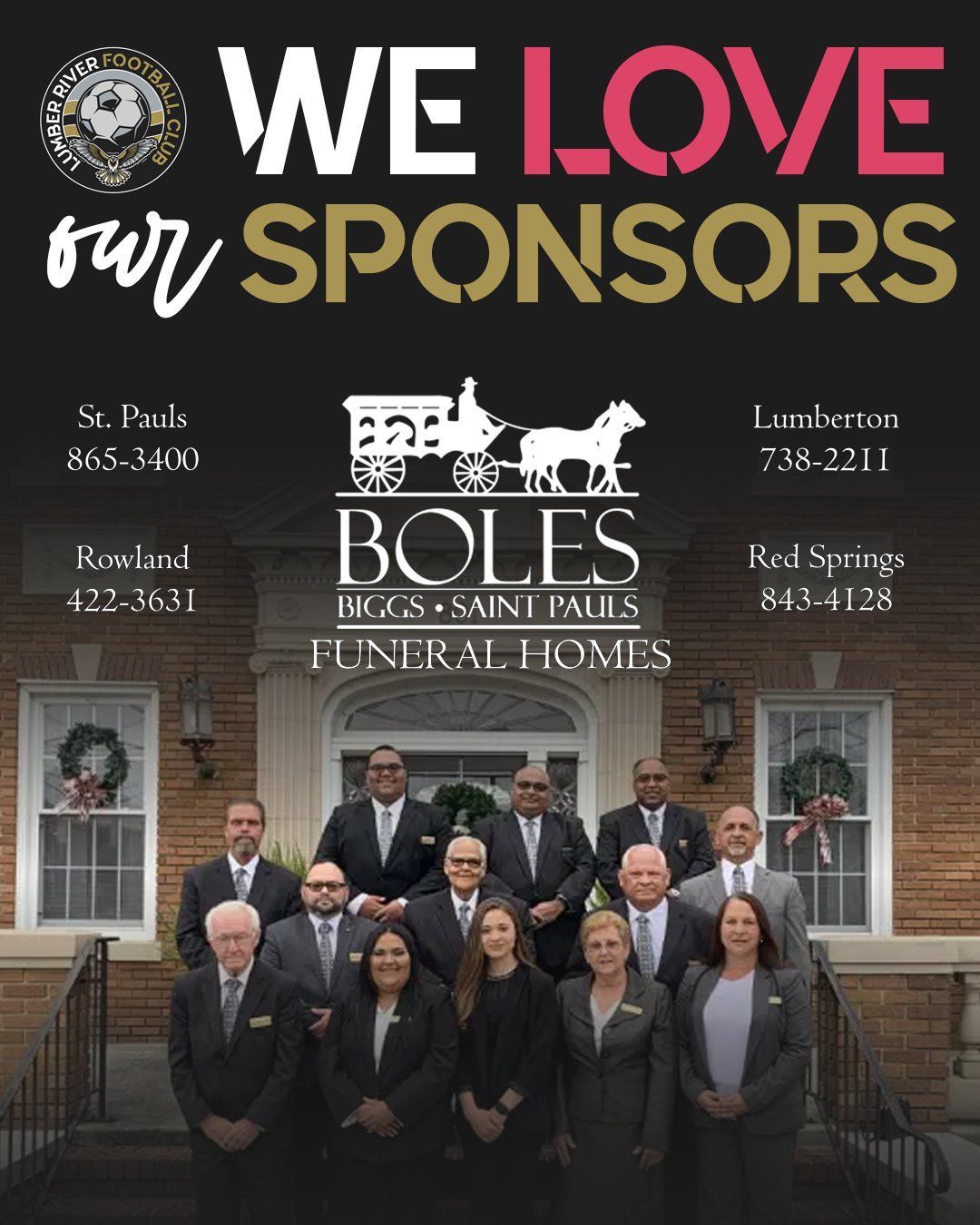 A group of people standing in front of a building that says we love our sponsors