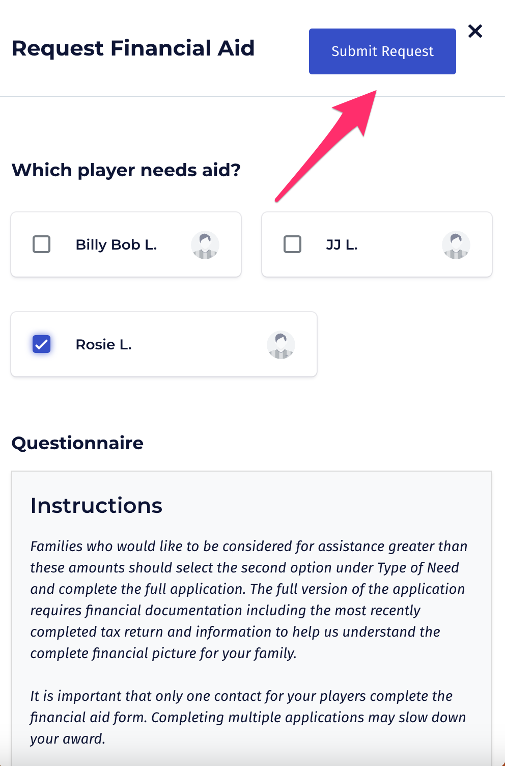 A screenshot of a request financial aid page with an arrow pointing to the submit request button.