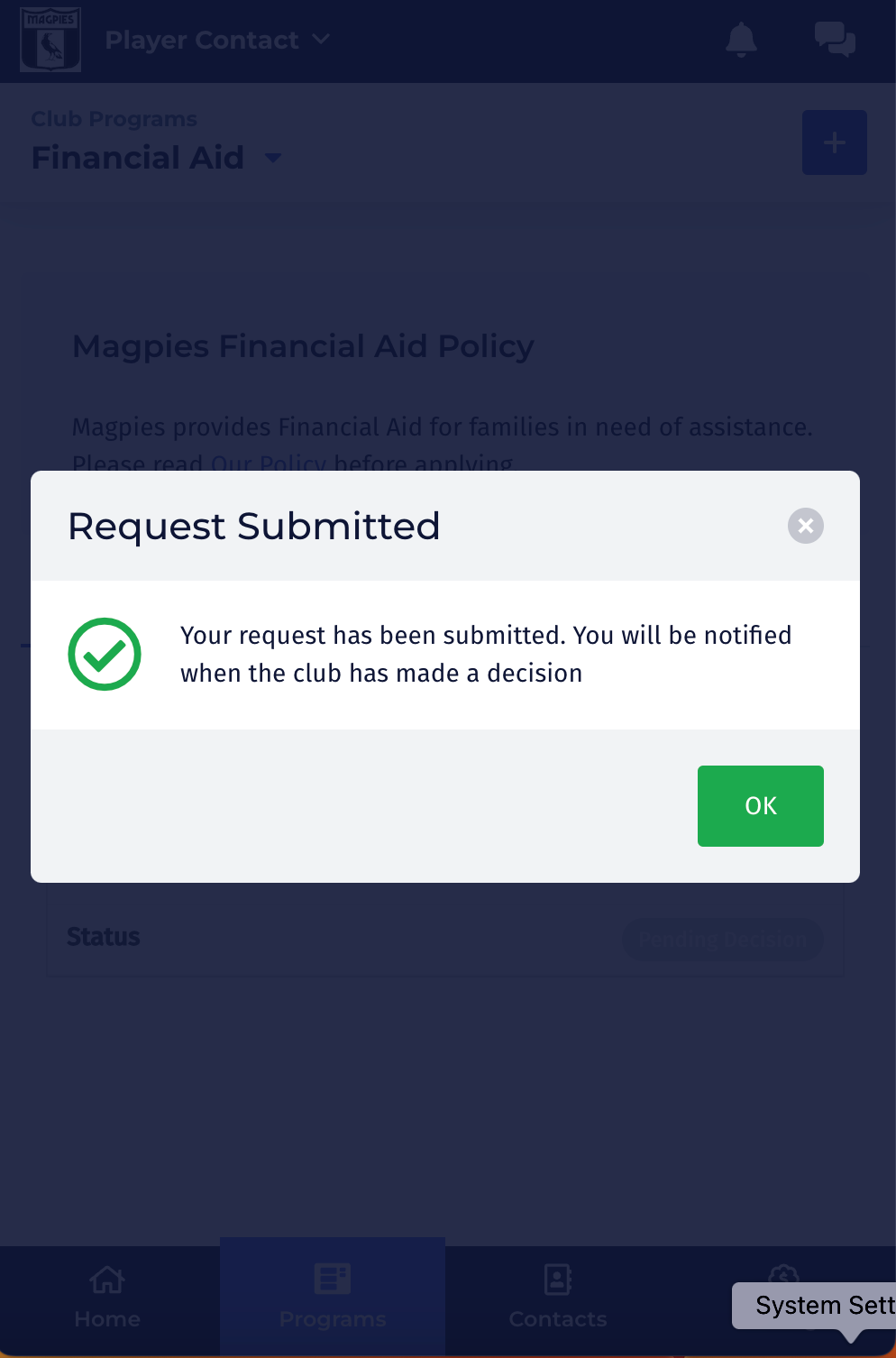 A screenshot of a screen that says request submitted