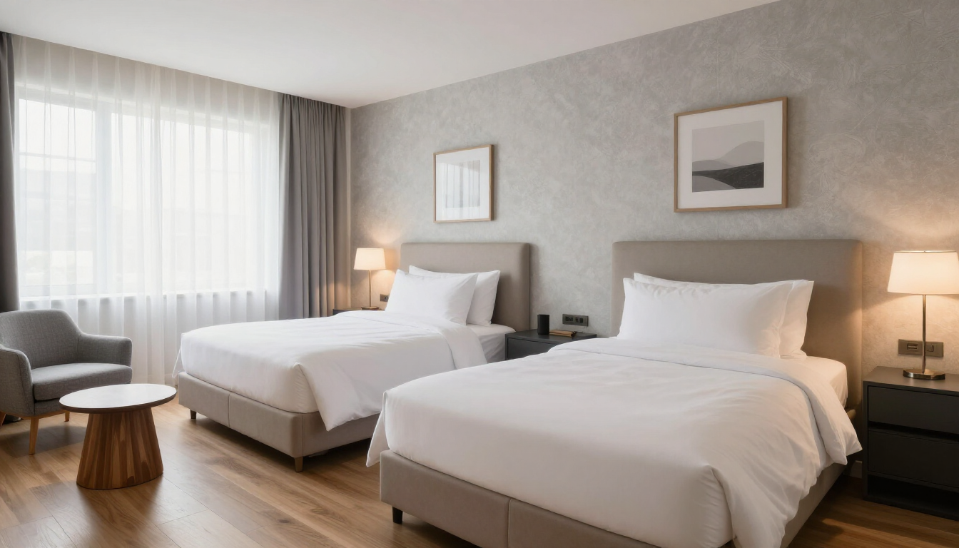 A modern hotel room with two beds, gray headboards, neutral walls with framed art, a small armchair, and a side table.