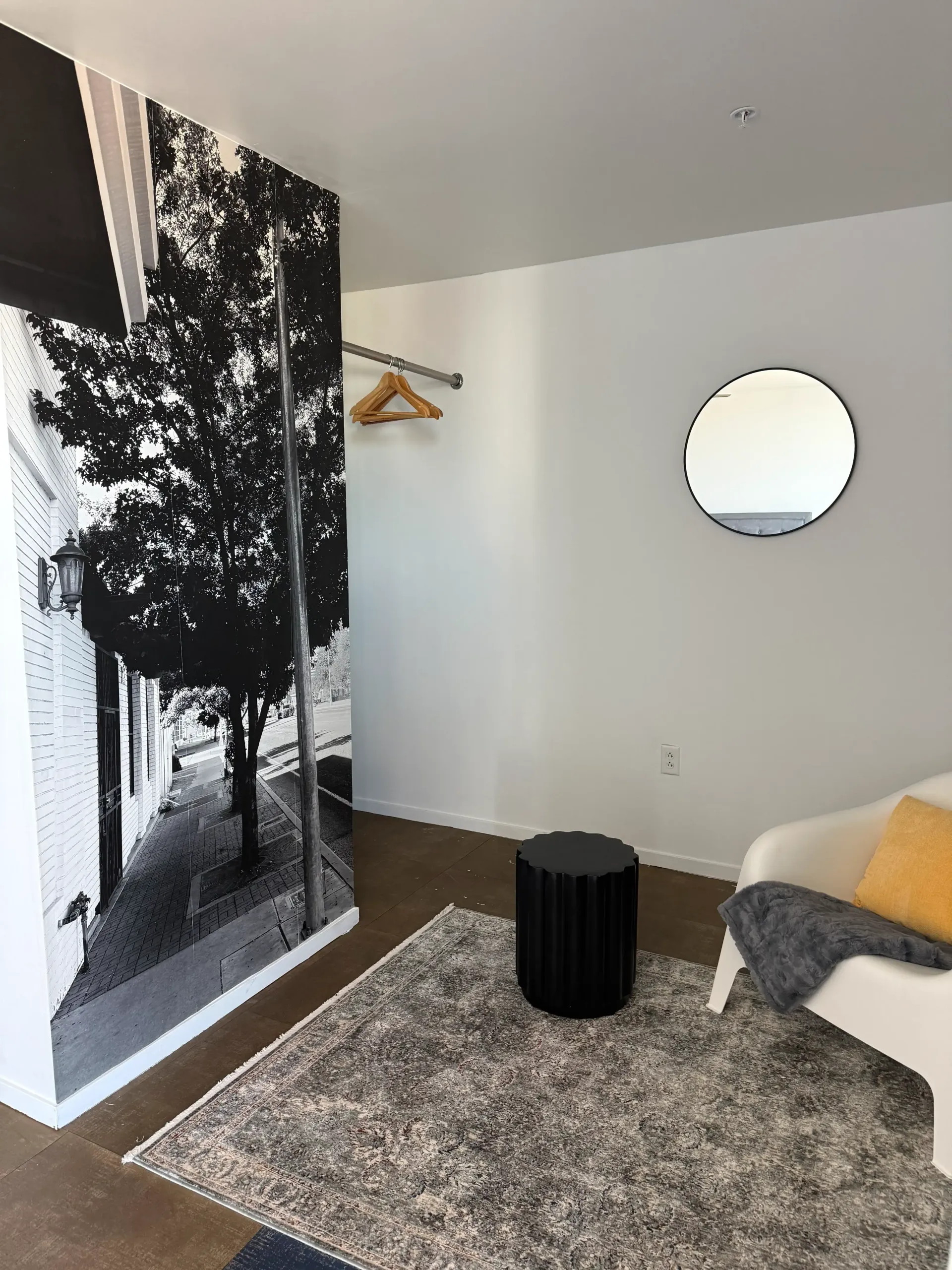 A corner of a room with a large black-and-white tree mural, a coat rack, a circular mirror, a black stool, and a rug.