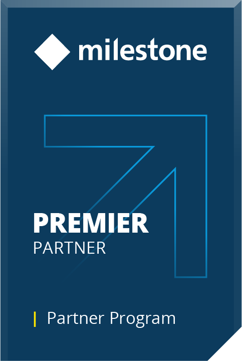 Milestone Premier Partner badge with blue background and white text.