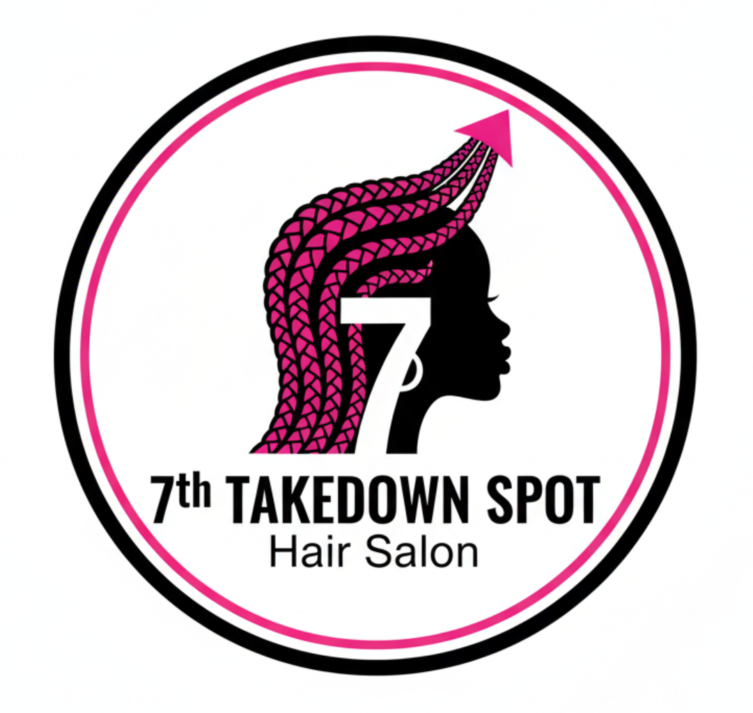 Logo for 7th Takedown Spot Hair Salon: Black woman's silhouette, braided hair, pink arrow, and a number