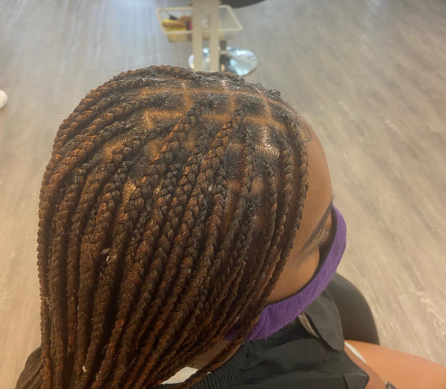 Close-up of brown braided hairstyle. Person wearing a purple face mask, indoors.